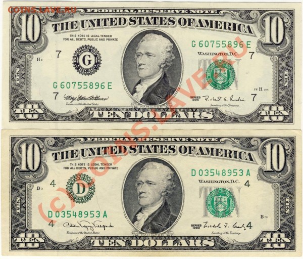 Доллары США - зеленая (не черная) печать федерального банка. - 10bucks