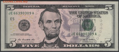 США 5 долларов 2009 Е5 до 20.03.2015 21.00 мск - $5 US E5 09 obv