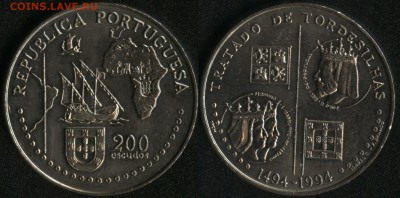 Португалия 200эск. 1994 Тордесильяский д-р до 22:00мск 27.03 - Португалия 200 эскудо 1994 ''Тордесильясский договор'' -180