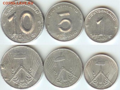 ГДР- 1,5,10-пфеннигов 1952 года, до 21.00 мск 28.03.2015 - ГДР- подборка пфеннингов 1952г 