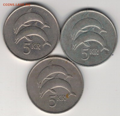 ИСЛАНДИЯ 5 КРОН 1981-87 ДЕЛЬФИНЫ(3ШТ) 02.04 В 22.00МСК(А962) - 4-и5к1
