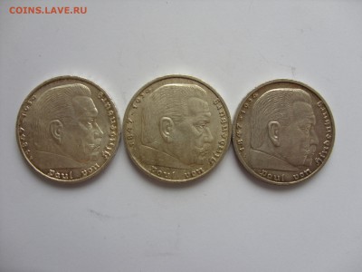 5 марок Гинденбург со свастикой 1938-39 "A "3 штуки.Неплохие - 5 марок 3 штуки сохран - 2.JPG