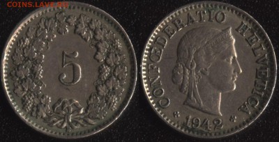 СТАРАЯ Швейцария 5 раппенов 1942 до 22:00мск 10.04.15 - Швейцария 5 раппен 1942