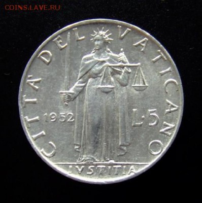 4 - Ватикан 5 лир (1952) «Юстиция – богиня правосудия» алюм. Р
