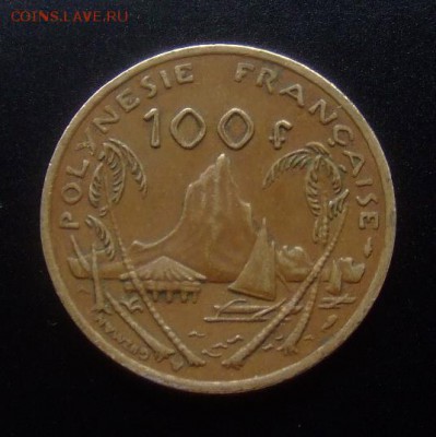 4 - Франц. Полинезия 100 франков (1992) «Скалы, проа и хижина» d-30мм Р