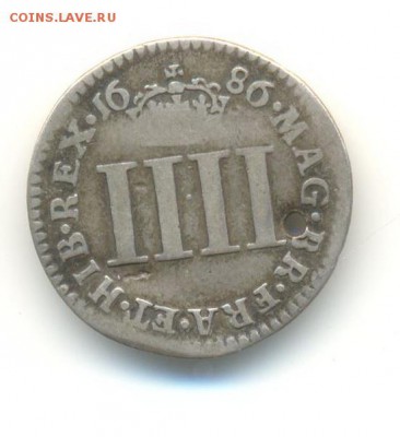 Ag. Британия 4 пенса 1686. Джеймс II. отверстие. до 29.04 22 - 23