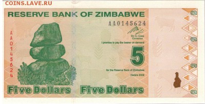 Зимбабве 5 долларов 2009 до 04.05.15 в 22.00мск (9439) - 1-1зим5а