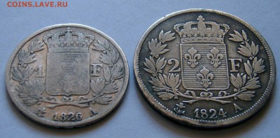 1 франк 1826, 2 франка 1824. Оценка. - 70025