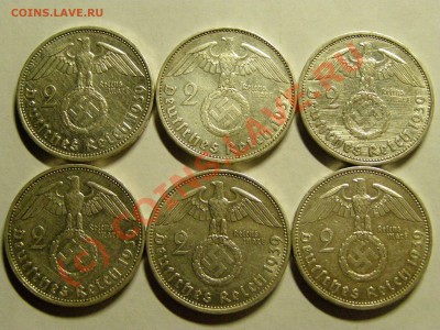 2 марки, серебро, 1937-1939 год, Третий Рейх 6шт 1.07.10г - 2.JPG