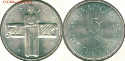 Швейцария, 5 фр 1963, юбилейка, с 200р! - до 22-00мск 13.05 - swi-5f-1963