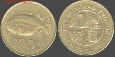 Исландия-100 крон-2007 рыба "Пинагора", 21.00 мск 17.05.15 - Исландия-100 крон-2007