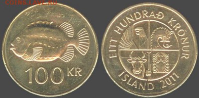 Исландия-100 крон-2011 рыба "Пинагора", 21.00 мск 17.05.15 - Исландия-100 крон-2011