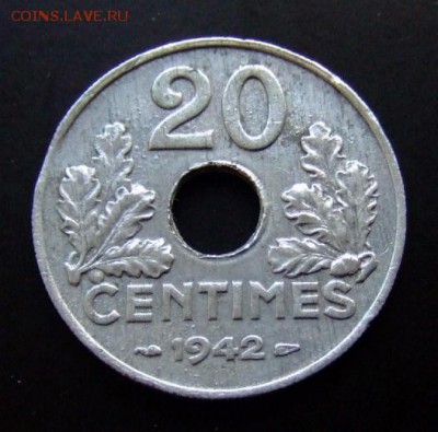 4 - Франция 20 сантимов (1942) цинк №3 Р