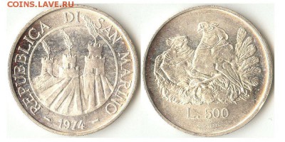 500 лир 1974г. Сан-Марино UNC до 28.05.15 в 22.10 - 500лир1974
