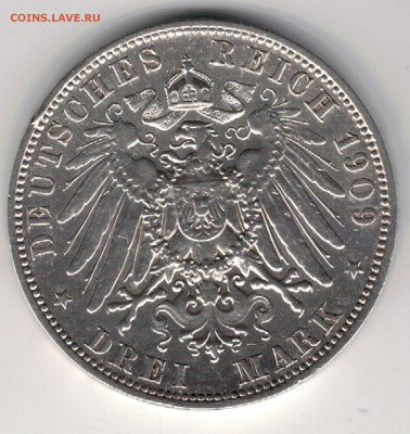 Ag ГЕРМАНИЯ (САКСОНИЯ) 3 МАРКИ 1909 ДО 28.05-22Ч (Б183) - 5-гС1