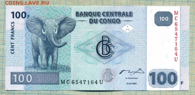 Конго,100 франков,2007,слон,до06.06.2015г. 22.00 по Москве - Конго 2007 100фр