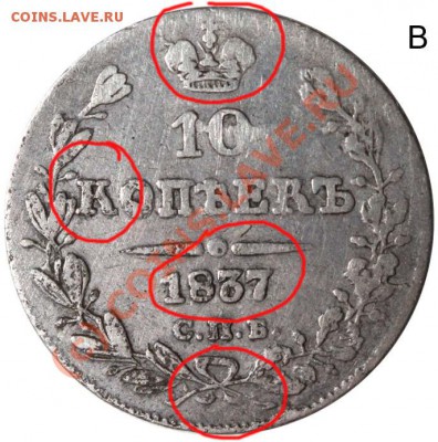 10 копеек 1837 СПБ-НГ. Встречаемость разновидности - 10 копеек 1837 В