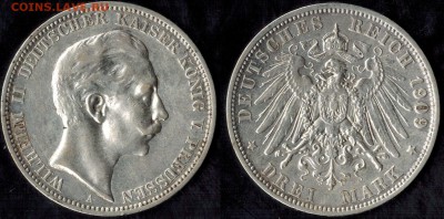 3 марки 1908,09,10,11,12  Пруссия до 09.06.15 22.00мск - 1909