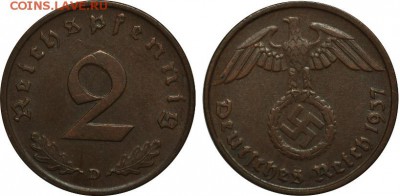 С 1 рубля, Трейтий Рейх, 5 пфеннигов, 1937В 21.06 22-00 МСК - 2pf1937D.JPG