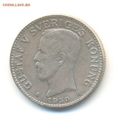 Ag. Швеция 2 кроны 1939. XF . до 27.06 22:00 - 11