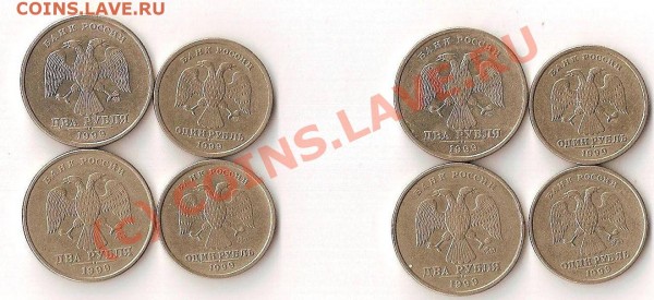Комплект: 2 рубля 1999(СПМД и ММД) -1 рубль 1999(СПМД и ММД) - А-2