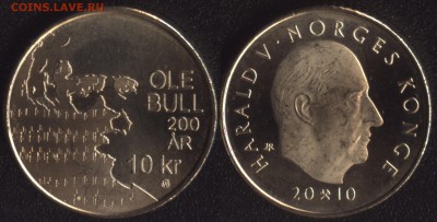 Норвегия 10 крон 2010 "Оле Булль" до 22:00мск 10.07.15 - 2010