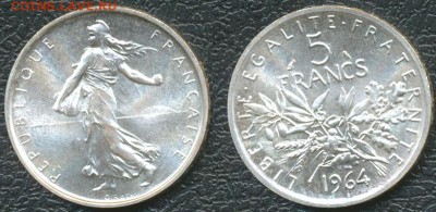Франция_5 франков 1964. Отличное серебро; до 05.07_22.22мск - 10156