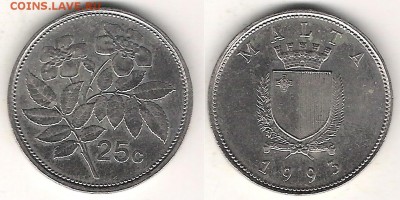 Мальта 25 центов 1993 до 26.07 в 22.10 по МСК - Мальта 25 центов 1993