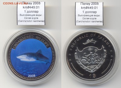 ~РЫБЫ~ЦВЕТНАЯ~Палау~ 1$ 2008 Акула до 04.08 - Palau_km449_01_2008_1dollar