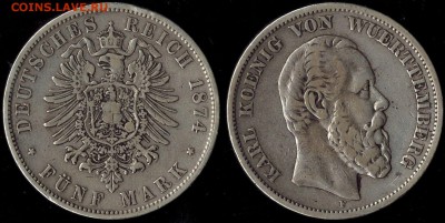 5 марок 1874 г Вюрттемберг с 2000р!!! до 08.08.15г 22.00 МСК - Вюрттемберг 1874