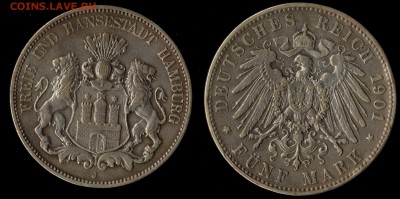 5 марок 1901 Гамбург с 2000р!!! до 15.08.15 г 22.00 мск - 1901