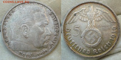 Иностранные монеты форумчан ( Серебро в патине и в Блеске ) - 5 марок 1939 J 1.JPG