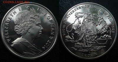 Мэн 1 крона 2014 год 200-лет  Флиндерс - оМэн 1 крона 2014