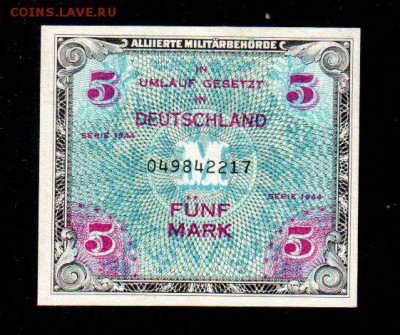 ГЕРМАНИЯ, 5 марок союзников (1944) UNC, до 20.09 @ 22:00 - banknote_2328