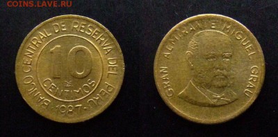 МОНЕТЫ МИРА №5 - Перу 10 сентимо (1987) «Мигель Грау – перуанский адмирал, герой войны с Чили»