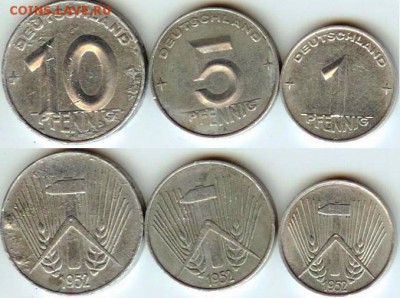 ГДР- 1,5,10-пфеннигов 1952 года, до 21.00 мск 26.09.2015 - ГДР- подборка пфеннингов 1952г 