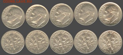 США-1 дайм-Р-5 шт.-погодовка, до 21.00 мск 26.09.2015 - США 1 дайм Р -5 шт.,  1967, 80, 89, 94, 01