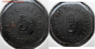 Нотгельды Германии. Обзорная тема. - 5 пф. 1919г.  Хааль