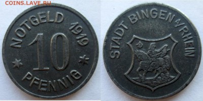 Нотгельды Германии. Обзорная тема. - 10 пф. 1919г. Биген-на-Рейне