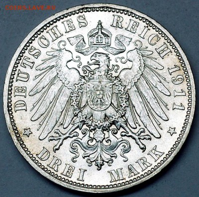 Германия. Бавария_3 марки 1911. Отличное серебро; 1.10_22.16 - 10464