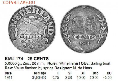 Нидерланды 25 центов 1941 Корабль викингов Unc!!! - Нидерланды
