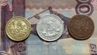 1 Тенге 2004 года, 1 пфининг 1968 года, 1 Евро цент 2002 год - image