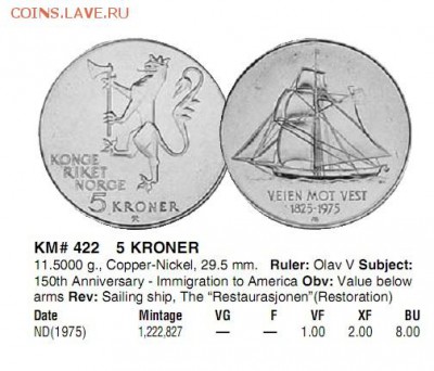 Норвегия 5 крон, 1975 шлюп"Restaurasjonen" БУКЛЕТ - 5 крон краузе