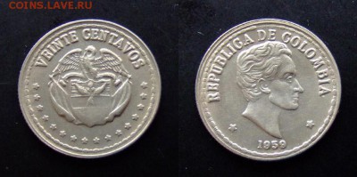МОНЕТЫ МИРА №5 - Колумбия 20 сентаво (1959) (XF)