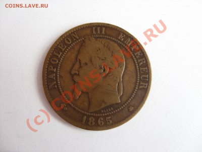 10 сантимов Франция. Наполеон III. 1865 год. Хороший сохран. - 10 сантимов Франция Наполеон III 1865 год - 2.JPG