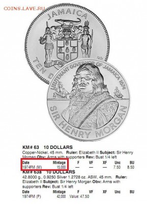 Ямайка 10$ 1974 пират Генри Морган тираж 15.000 - Краузе Ямайка 10$ Морган