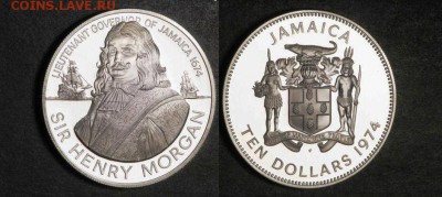 Ямайка 10$ 1974 пират Генри Морган тираж 15.000 - Ямайка 10 долларов Морган