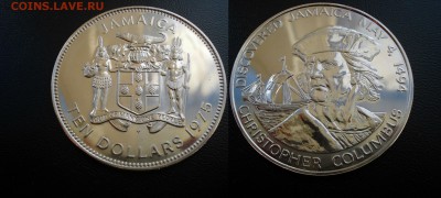 Ямайка 10 долларов 1975 Колумб  45mm,серебро, proof - Ямайка 10 долларов 1975 колумб