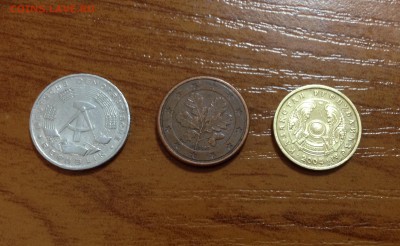 1 пфенниг 1968, 1 евро цент 2002, 1 тенге 2004 - image