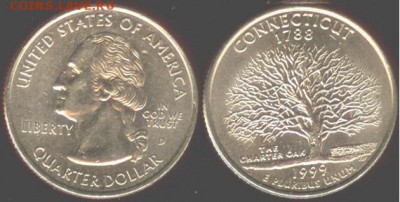 США- 25 центов- 1999г.- KONNEKTIKUT-D, 21.00 мск 16.11.15 - США- 25 центов- 1999г.-  KONNEKTIKUT-D
